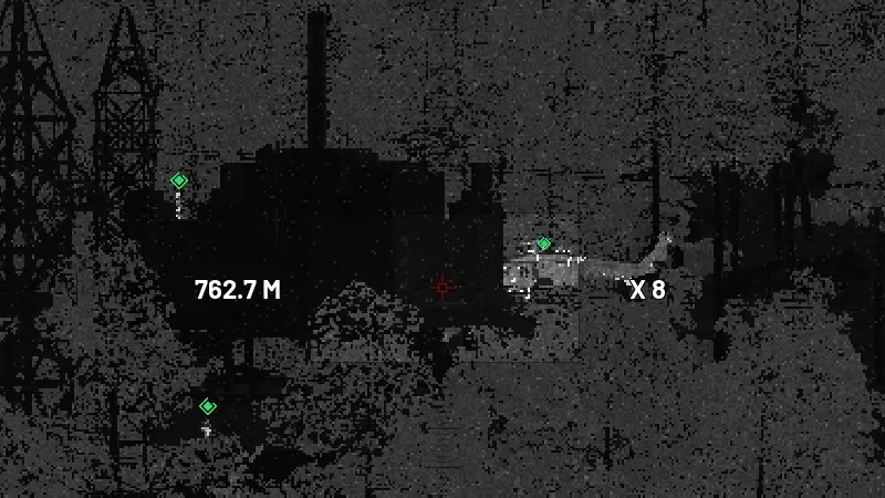 Thermal view at 760 metres of a helicopter with three marked players around it, beside power pylons and a large industrial building
