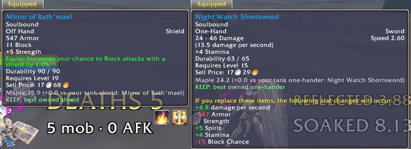 Equipment tooltips scoring Mirror of Rath'mael at Maple 35.9 and Night Watch Shortsword at 24.2, each marked KEEP as the best owned shield and one-hander