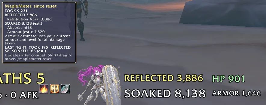 MapleMeter tooltip: 9,231 damage taken, 3,886 reflected by Retribution Aura and 8,138 soaked, next to the on-screen Reflected, Soaked, HP 901 and Armor 1,646 readout